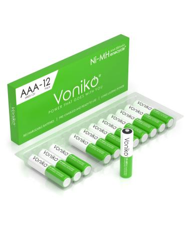 Voniko Rechargeable AAA NiMH Enecycle Triple A Batteries 12 Pack Ultra Long Lasting 850mAh Recharge up to 1000x Times Pre-Charged (1.2V)