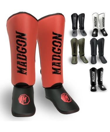 Madgon shin protector with a perfect seat and ideal upholstery!Schiensbein protection with low welding.Leg protection officers for martial arts MMA kickboxing + bag black/red s