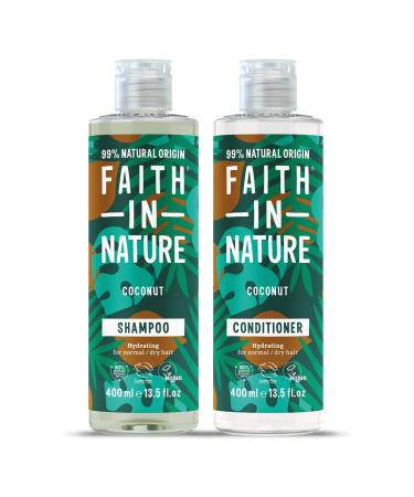 Faith In Nature Natural Coconut Shampoo and Conditioner Set Hydrating Vegan & Cruelty Free No SLS or Parabens For Normal to Dry Hair 2 x 400ml Pack
