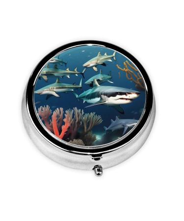 Sharks Under The Searound Pill Box 3 Compartments Round Pill Box Organizer for Purse Or Pocket Portable Travel Pill Box