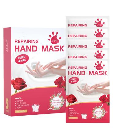 APPTI Hand Mask,5 Pairs Repairing Hand Peel Mask with Rose & Milk, Moisturizing Hand Mask for Repair Dry Skin, Rough Skin, Cracked Hands, Aging, for Women men