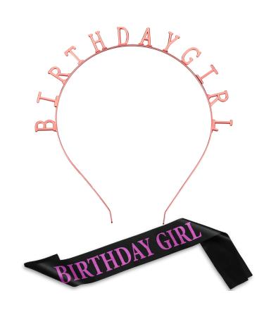 Birthday Headpiece Girl Tiara Headband Birthday Satin Sash for Party Decorations Supplies Rose Gold