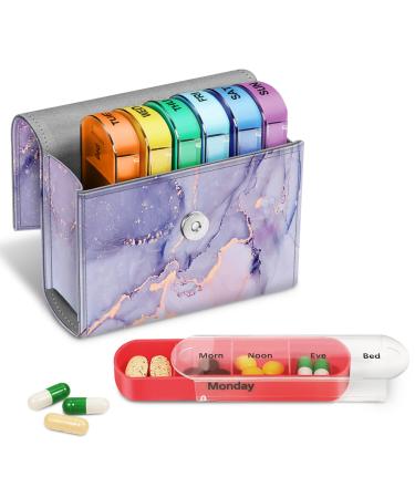 FINPAC Weekly Pill Organizers 4 Times A Day, Slide Open PU Leather Case Travel Pill Vitamin Medicine Reminder and Planner with Name Card for Morning| Afternoon| Evening| Bedtime (Lilac Marble) Z- Lilac Marble