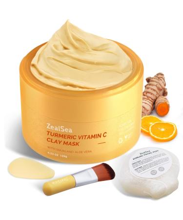 4.23 oz Turmeric Clay Mask for Dark Spots, Brighten and Refining Pores, Face Mask Skin Care Sensitive Skin Clay Face Mask with Vitamin C, Facial Mask- Includes Mask Brush and Konjac Facial Sponges 4.23 Ounce (Pack of 1)