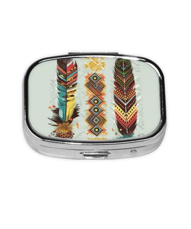 Bohemian Feather Printing 2 Compartment Small Pill Case Cute Small Pill Box Purse Pill Boxs Travel Pill Organizer for Pocket Purse and Travel Gifts