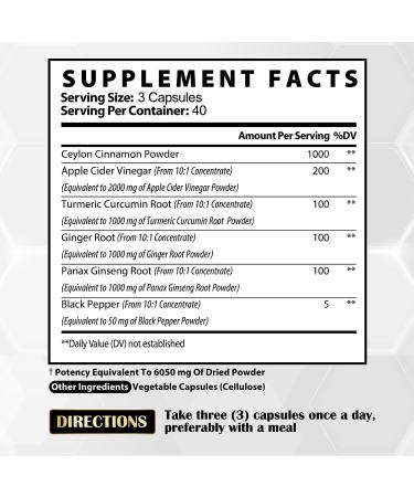 Ceylon Cinnamon 6in1 Supplement 6050mg with Apple Cider Vinegar, Turmeric, Ginger, Panax Ginseng - 120 Vegetarian Pills for Energy and Body Balance - Buy Online on GoSupps.com
