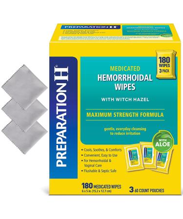 3 PreparationH Medicated Hemorrhoidal Flushable Wipes Maximum Strength Relief with Witch Hazel and Aloe 60 Ct - Total 180 Ct - Bonus 3 Microfiber Cloth