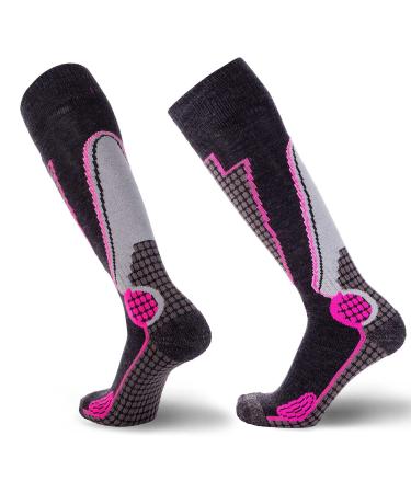 Pure Athlete High Performance Wool Ski Socks - Thermal Warm Merino Wool OTC Sock, Men Women 1 Pair - Black/Grey/Neon Pink Small