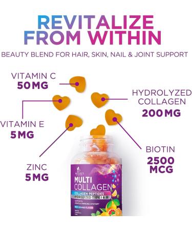 Collagen Gummies with Biotin - 2500mcg Hair Growth Skin & Nails Supplement - Hydrolyzed Peptides Type I & III Multi Collagen - Vitamin C & Zinc for Immune Support - Tasty Orange Flavor - 120 Gummies 120 Count (Pack of 1) - Buy Online on GoSupps.com