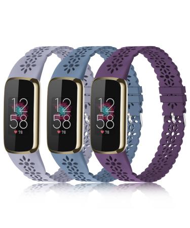 3 Pack Slim Sport Bands Compatible with Fitbit Luxe Band for Women Soft Silicone Lace Thin Hollow-Out Replacement Wristbands Breathable Bands for Fitbit Luxe Fitness Smart Watch Suits for 5.6"-7.1" Wrists G-Lavender Gray/Alaskan-Blue/Purple