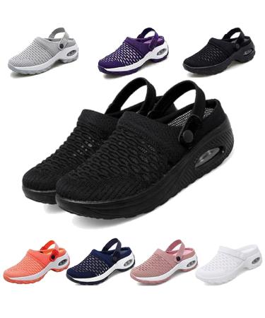 YUEWS Women Diabetic Walking Air Cushion Orthopedic Slip-On Shoes-Breathable with Arch Support Mesh Mules Sneaker Sandals (8 Black) 8 Black