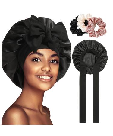 Welrog sleeping hood silk for night hair hood for the night for women - silk hood for sleeping bonnet sleep cap for the night unit size black + 3 hair ties