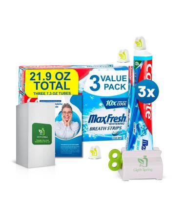 Toothpaste Max Fresh Whitening with Mini Breath Strips Cool Mint 3 Large Tubes of 7.3 oz (Total 21.9 oz) + Three Bonus Gift Better Ligth&Spring Guide Toothpaste Squeezer and Two No-Mess Caps.