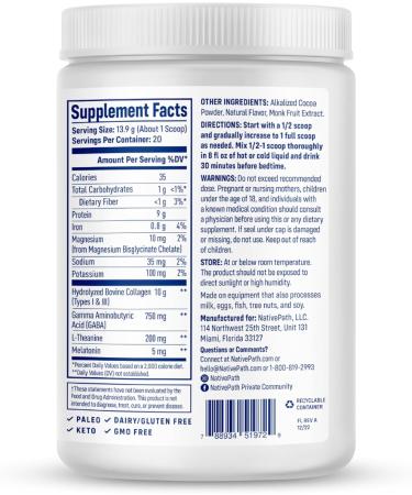 NativePath Collagen PM - Chocolate Nighttime Collagen Peptides Powder with Magnesium GABA L-Theanine and Melatonin - 20 Servings 9.8 Ounce (Pack of 1) - Buy Online on GoSupps.com