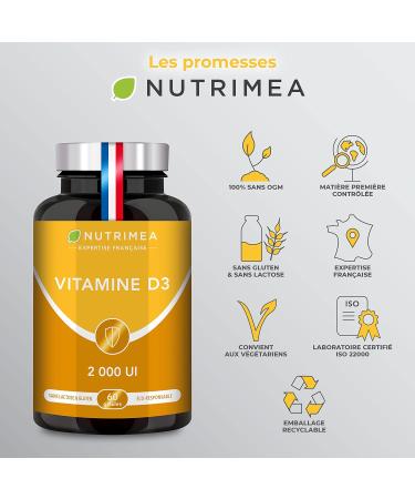 VITAMIN D3 100% Pure 2000 IU 1000% Daily Intake Bone & Teeth Health Immunity 60 Capsules Nutrimea Made in France - Buy Online on GoSupps.com