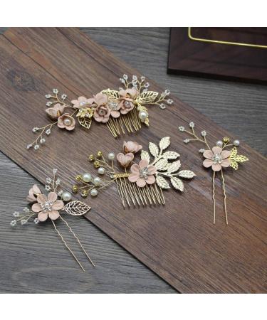 NUOBESTY 4pcs Handmade Floral Wedding Hair Comb Set - Pink Rhinestone Bridal Headpiece & Hair Accessories - Buy Online on GoSupps.com
