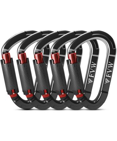 FVW Auto Locking Rock Climbing Carabiner Clips,Professional 25KN (5620 lbs) Heavy Duty Caribeaners for Rappelling Swing Rescue & Gym etc, Large D-Shaped Carabiners Black*5