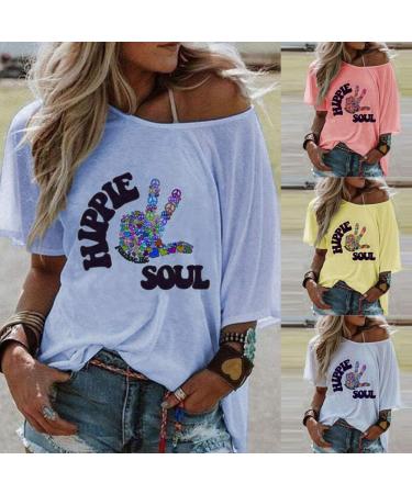 Ppanguding Women's Off Shoulder Rainbow T-Shirt - Summer Mode Short Sleeve Blouse Graphic Tea Top M Blue | Stylish & Trendy International Shipping - Buy Online on GoSupps.com