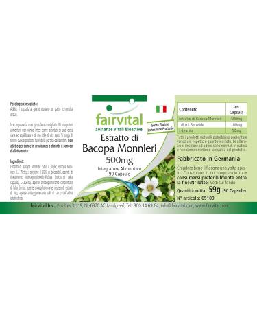 Fairvital Bacopa Monnieri Extract 500mg Brahmi Capsules - Vegan Formula Without Magnesium Stearate | 90 Capsules - Buy Online on GoSupps.com