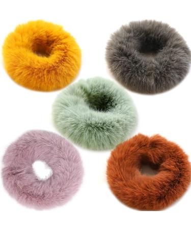 5PCS Women Girl kid's Fashion Sweet Rabbit Faux Fur Fluffy Ball Pom Pom Scrunchies Elastic Ponytail Holder Hair Rope Hair Accessories