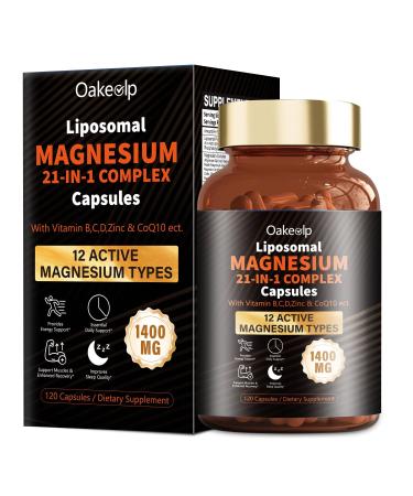 21 in 1 Liposomal 12 Active Types Magnesium Complex 1400mg (Glycinate Citrate Malate etc) Capsule -with Vitamin D3 B6 B12 Ashwagandha & CoQ10 for Adult-Support Relaxation Muscle & Heart 12 Types Magnesium Tasteless 120 C