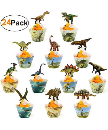 24 Pcs Card Cupcake Dinosaur Cake Toppers/Cupcake Wrappers Cake Insert Decoration Supplies for Kids Party Dinosaur Theme Party Cake Decor Accessories - Buy Online on GoSupps.com