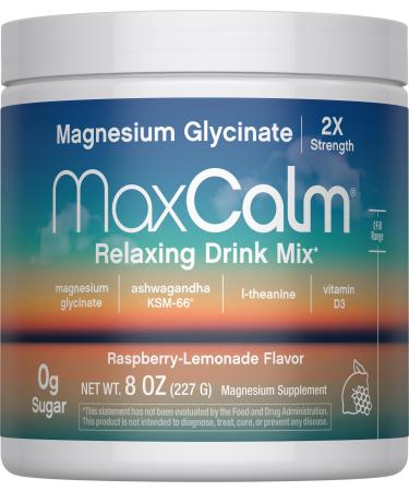 Max Calm Relaxing Drink Mix | Raspberry-Lemonade Flavor | Magnesium Glycinate KSM-66 Ashwagandha L-Theanine & Vitamin D3 | MaxCalm | Gluten-Free Vegan | 8 Ounce Powder