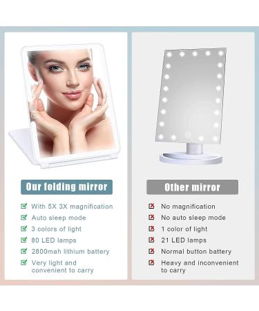 Rechargeable Travel Makeup Mirror with 3X 5X Magnifying, 72 LED Lights, 3 Color Lighting- Portable Vanity Mirror for Women - Compact Foldable Design - White - Buy Online on GoSupps.com