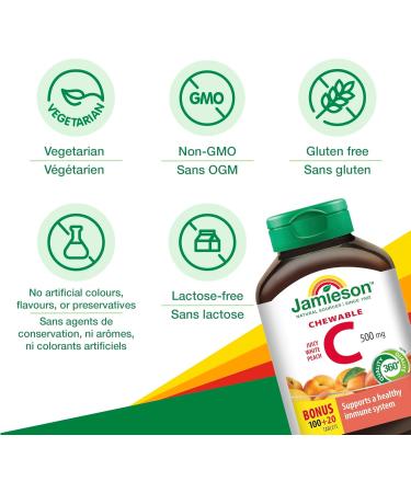 Jamieson Vitamin C Chewables 500 mg - Juicy White Peach Flavour 120 Tablets - Buy Online on GoSupps.com
