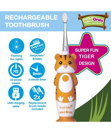Brush-Baby WildOnes Tiger Kids Electric Toothbrush - 1 Handle, 3 Brush Heads, USB Charging Cable - Ages 0-10 - Buy Online on GoSupps.com