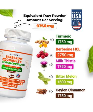 HARMONIFY Berberine Supplement with Ceylon Cinnamon Milk Thistle Turmeric Bitter Melon Complex 120 Capsules 1000 mg Vegan Non-GMO - Buy Online on GoSupps.com