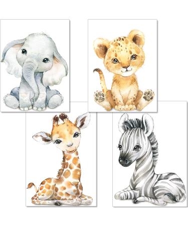 artpin Set of 4 Pictures Baby Room Decoration Boy Girl - DIN A4 Poster Nursery Baby Jungle Animals - Safari Africa Wall Pictures - Elephant Tiger Giraffe Zebra P60
