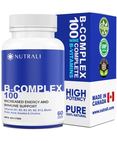 NEW B-COMPLEX 100 High Potency Capsules 9 Complete B Vitamins - B1 B2 B3 B5 B6 B7 B9 B10 B12 for Men and Women Reduced Stress Improved Immune Support Hair Skin Nail & Eye Health and Brain Function Gluten Free Non-GMO Vegan - (1 Pack) 60 Capsules 60 count 