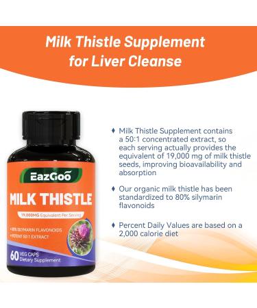 Milk Thistle Supplement 19000mg 60 Capsules - 380mg of 50:1 Extract & 80% Silymarin Standardized Liver Support Supplement Vegan Non-GMO 60 Count (Pack of 1) - Buy Online on GoSupps.com