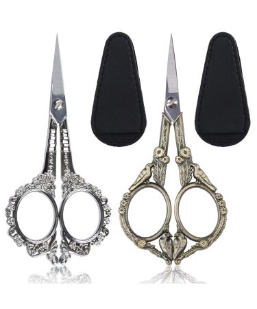 2pcs Vintage Stainless Steel Cuticle Precision Embroidery Scissors Beauty Grooming for Nail, Facial Hair, Eyebrow, Eyelash, Nose Hair, Moustache, Manicure Crochet Threading Tool Silver-bronze