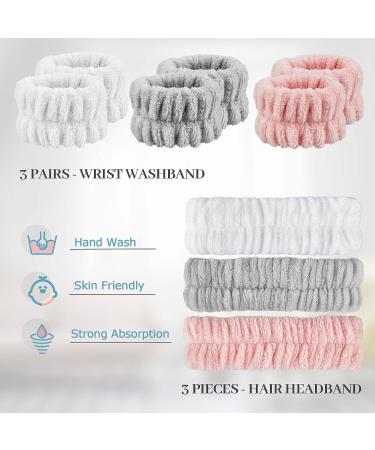 TUZAZO 9 PCS Face Wash Headband Wristband Set - Spa Microfiber Makeup Headband for Women & Girls - Skincare Essential in Pink, White, Grey - Buy Online on GoSupps.com