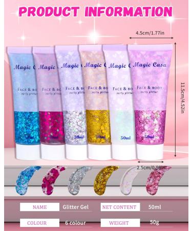 Shop Tidevan 6-Piece Body Glitter Gel Set for Long-Lasting Festival Makeup | Chunky Glitter for Face Hair Lips & Nails - Silver Gold Pink White Red Blue - Buy Online on GoSupps.com