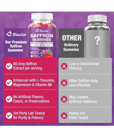 DIAOLAI Max Strength Saffron Gummies 88.5mg with Magnesium St. John's Wort & Rhodiola for Mood Support Focus - Sugar-Free 120 Count - Buy Online on GoSupps.com