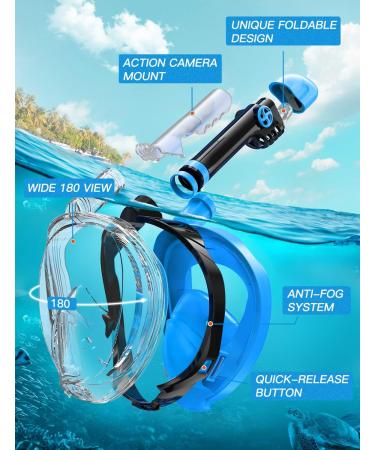 Full Face Snorkel Mask for Adults - Anti-Fog Diving Gear with Safety Breathing System and 180 Panoramic View - Blue S/M - Buy Online on GoSupps.com