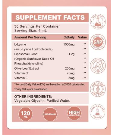 Liposomal L-Lysine 1000mg Liquid Drops Liquid Lysine Supplement Immune Support for Men & Women with Olive Leaf Extract Vitamin E C Skin & Lips Health Collagen Production High Absorption-4 fl oz - Buy Online on GoSupps.com