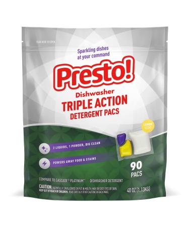 Amazon Brand - Presto! Triple Action Dishwasher Pacs, Lemon Scent, 90 Count 90 Count (Pack of 1)
