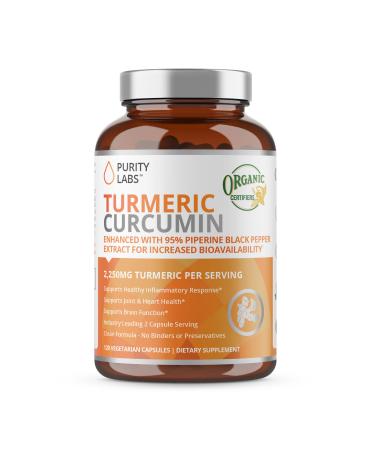 Purity Labs  Organic Turmeric Curcumin - Vegan Supplements for Heart, Brain, and Skin Health - Turmeric Plus Black Pepper - 120 Capsules