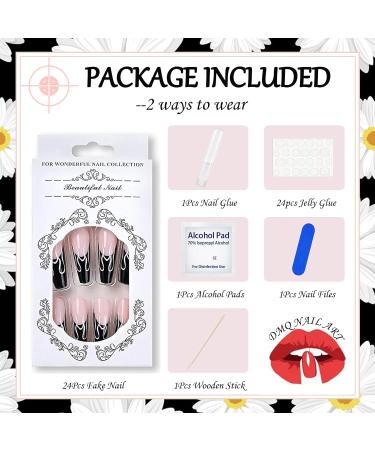 Coffin False Nails Long 24Pcs Black French Fake Nails with Flame Design - Nail Glue Included | Ballerina Stick-on Nail Art for Women and Girls - Buy Online on GoSupps.com
