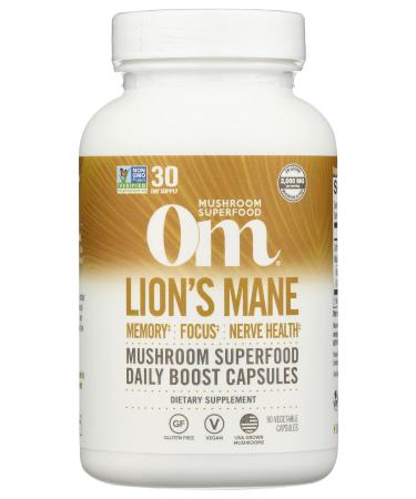 Om Mushroom Superfood Lion's Mane Mushroom Capsules Supplement Fruit Body & Mycelium Nootropic for Memory Support Focus Clarity Nerve Health Creativity &Mood 90 Capsules