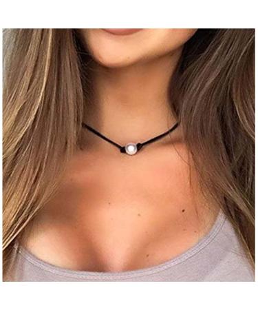 Yheakne Boho Pearl Suede Choker Necklace Black Leather Cord Necklace Floating Pearl Necklace Minimalist Leather Collar Necklace Chain Jewelry for Women and Girls Gifts
