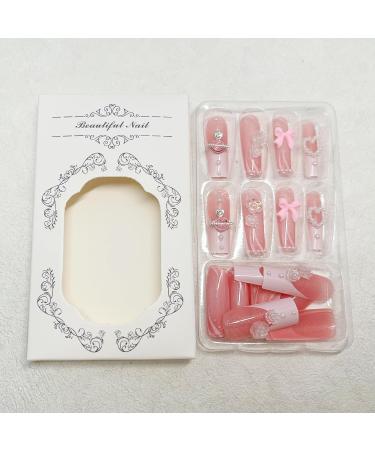 24pcs Long Square Press on Nails - French Tip Acrylic Nails with 3D Bow Heart and Pearls | Glossy Pink Full Cover Glue-on Nails for Women & Girls - Buy Online on GoSupps.com
