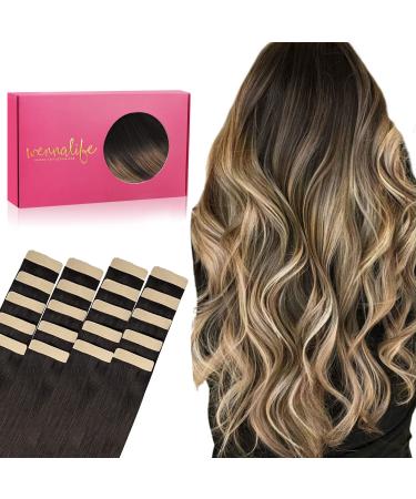 If alife extensions real hair 20Pcs 50g 45cm 18 inch dark brown to chestnut brown and dirty blonde highlights remy invisible tape extensions silky straight real hair extensions skin tape in 45cm #2/6/18 dark brown to chest groove brown and dirty blonde hi