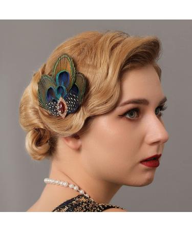 Asooll Peacock Feather Hair Clip - 1920s Flapper Headpiece with Red Crystal - Festival Costume Hair Accessories for Women - Buy Online on GoSupps.com
