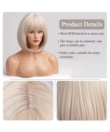 HAIRCUBE 12 Inch Blonde to White Bob Wig with Bangs | Ombre to Blonde Synthetic Heat Resistant Hair for Women - Creamy White - Buy Online on GoSupps.com