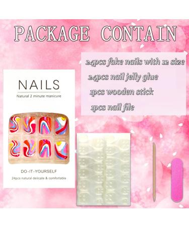 Vezocim Press on Nails - 24PCS Glossy Short Coffin Nails with Colorful Wavy Line Designs | Extra Short Acrylic Fake Nails for Women - Buy Online on GoSupps.com